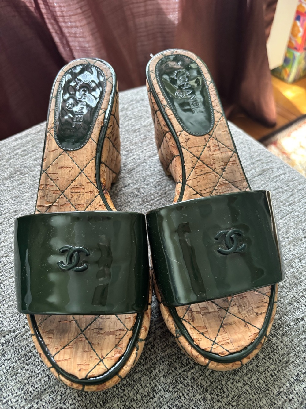 CHANEL Dark Green Patent Cork Platform Slide Wedges